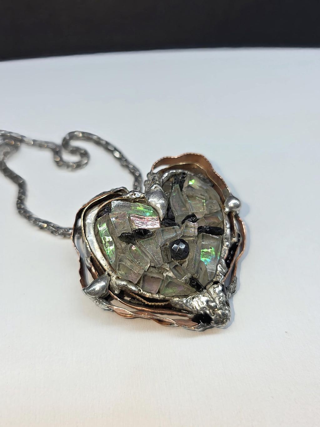 After the Shatter – UNBROKEN Heart Necklace, Handcrafted Mixed Metal Pendant with Hematite, Shattered Glass Texture, Survivor Jewelry