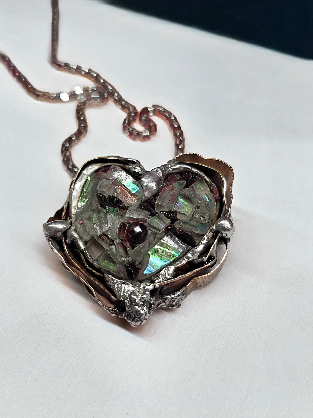After the Shatter – UNBROKEN Heart Necklace, Handcrafted Mixed Metal Pendant with Hematite, Shattered Glass Texture, Survivor Jewelry
