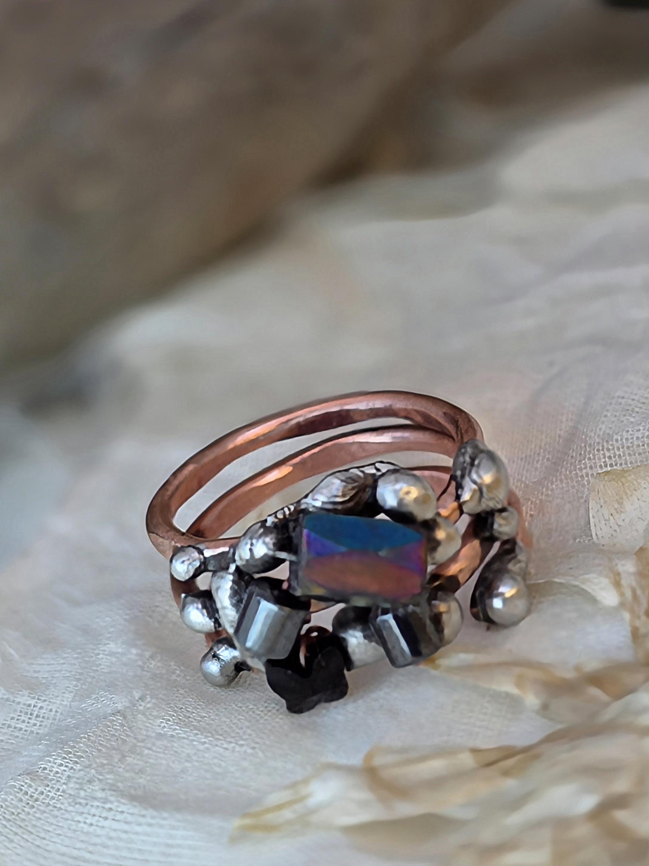 After the Hit Ring – UNBROKEN Handcrafted Copper Ring with Black Hematite, Survivor Statement Jewelry, Rustic Hammered