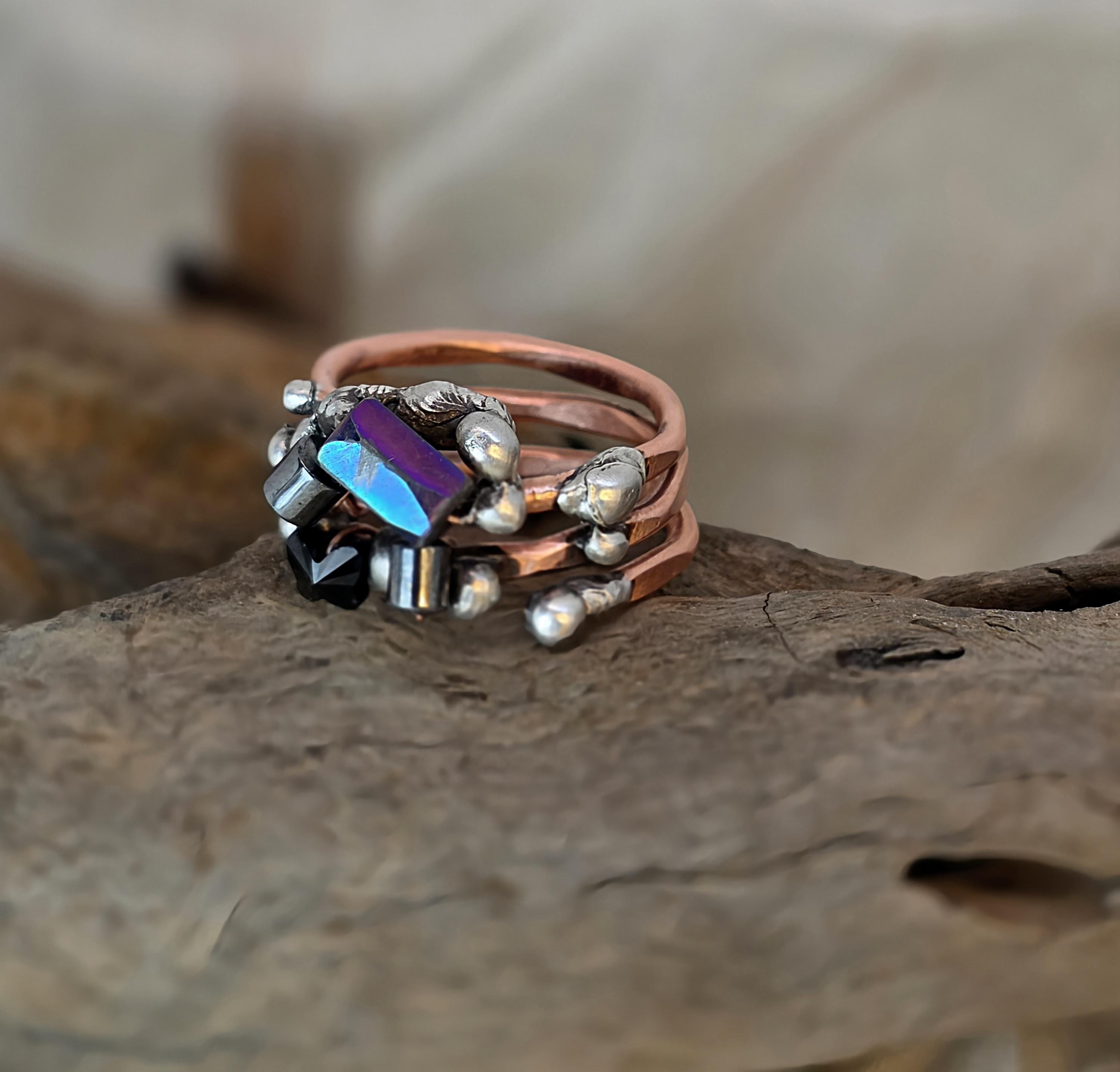 After the Hit Ring – UNBROKEN Handcrafted Copper Ring with Black Hematite, Survivor Statement Jewelry, Rustic Hammered