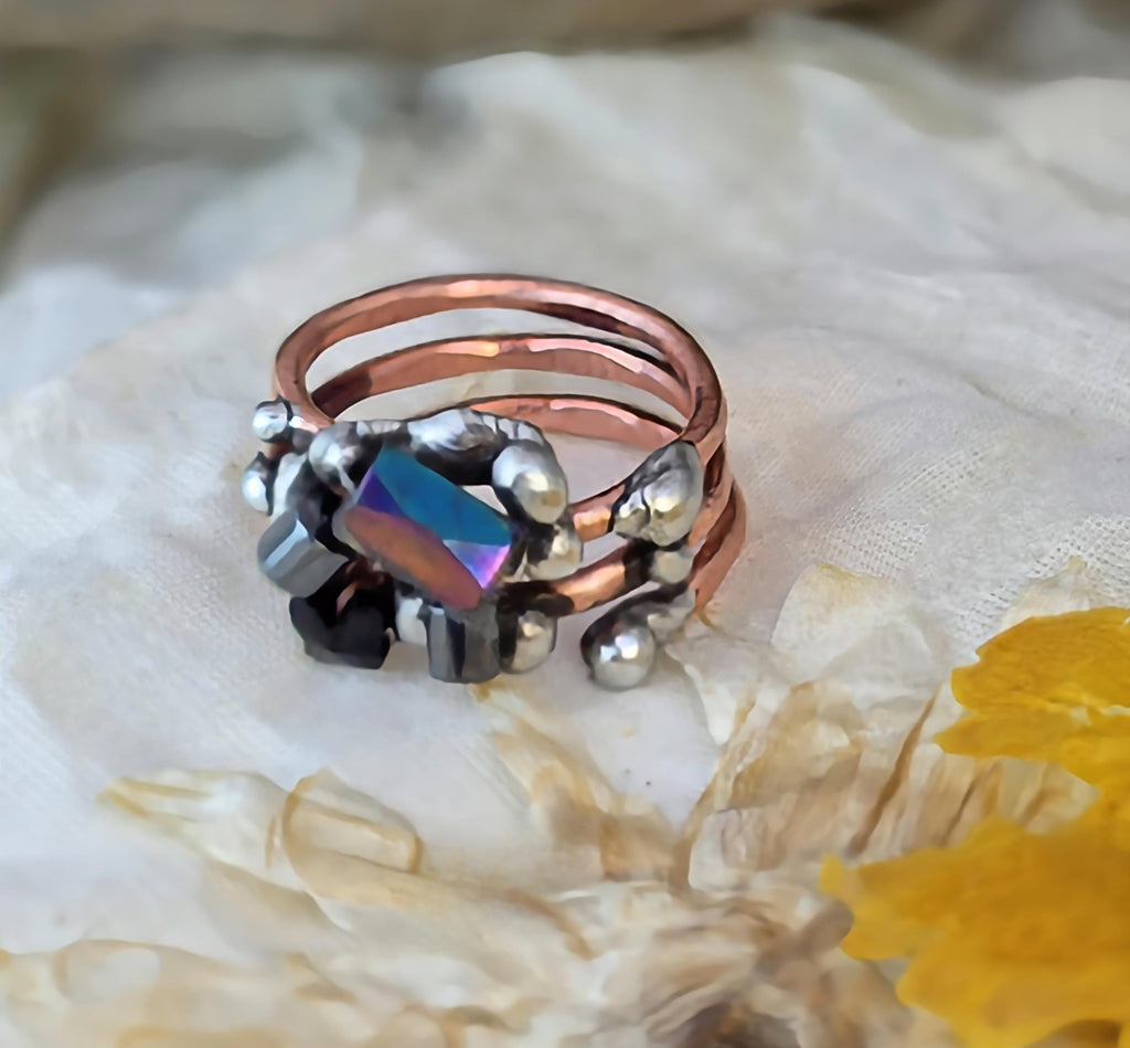 After the Hit Ring – UNBROKEN Handcrafted Copper Ring with Black Hematite, Survivor Statement Jewelry, Rustic Hammered