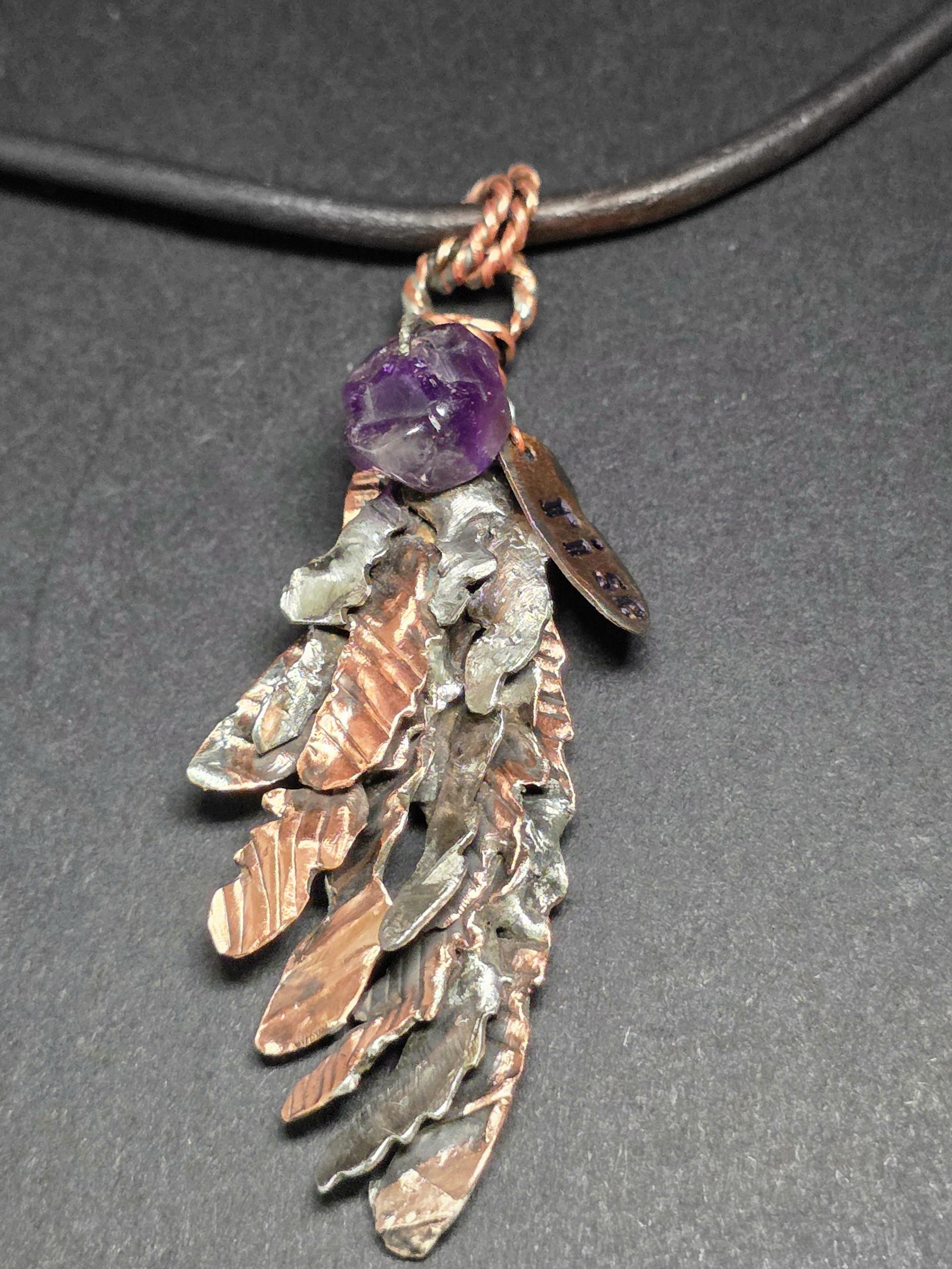 Second Wind Wing Necklace – Hand Forged Copper & Silver Feather Pendant with Amethyst, Rustic Artisan Jewelry, Resurgent Collection