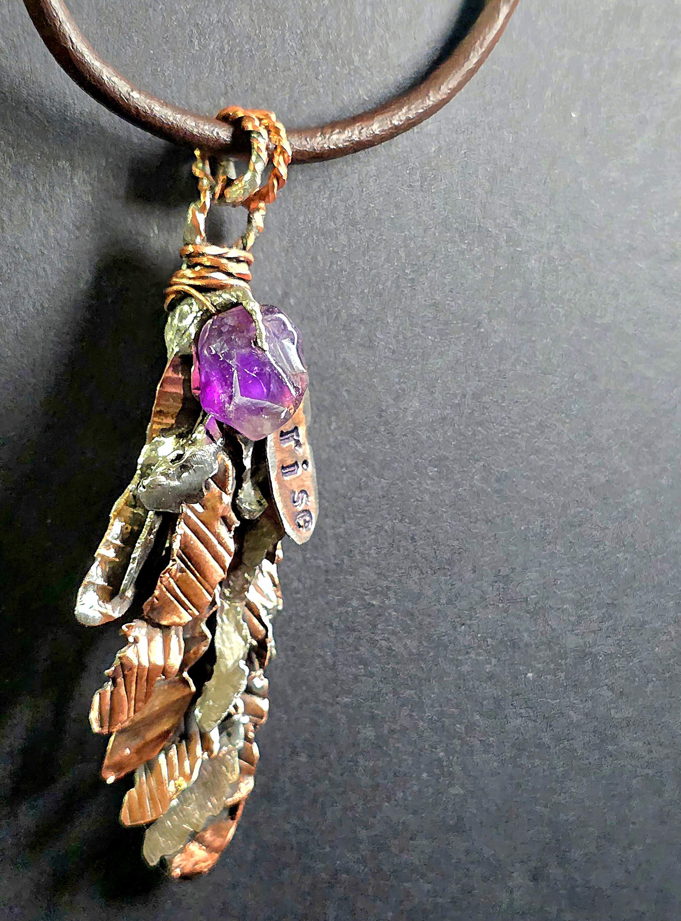 Second Wind Wing Necklace – Hand Forged Copper & Silver Feather Pendant with Amethyst, Rustic Artisan Jewelry, Resurgent Collection