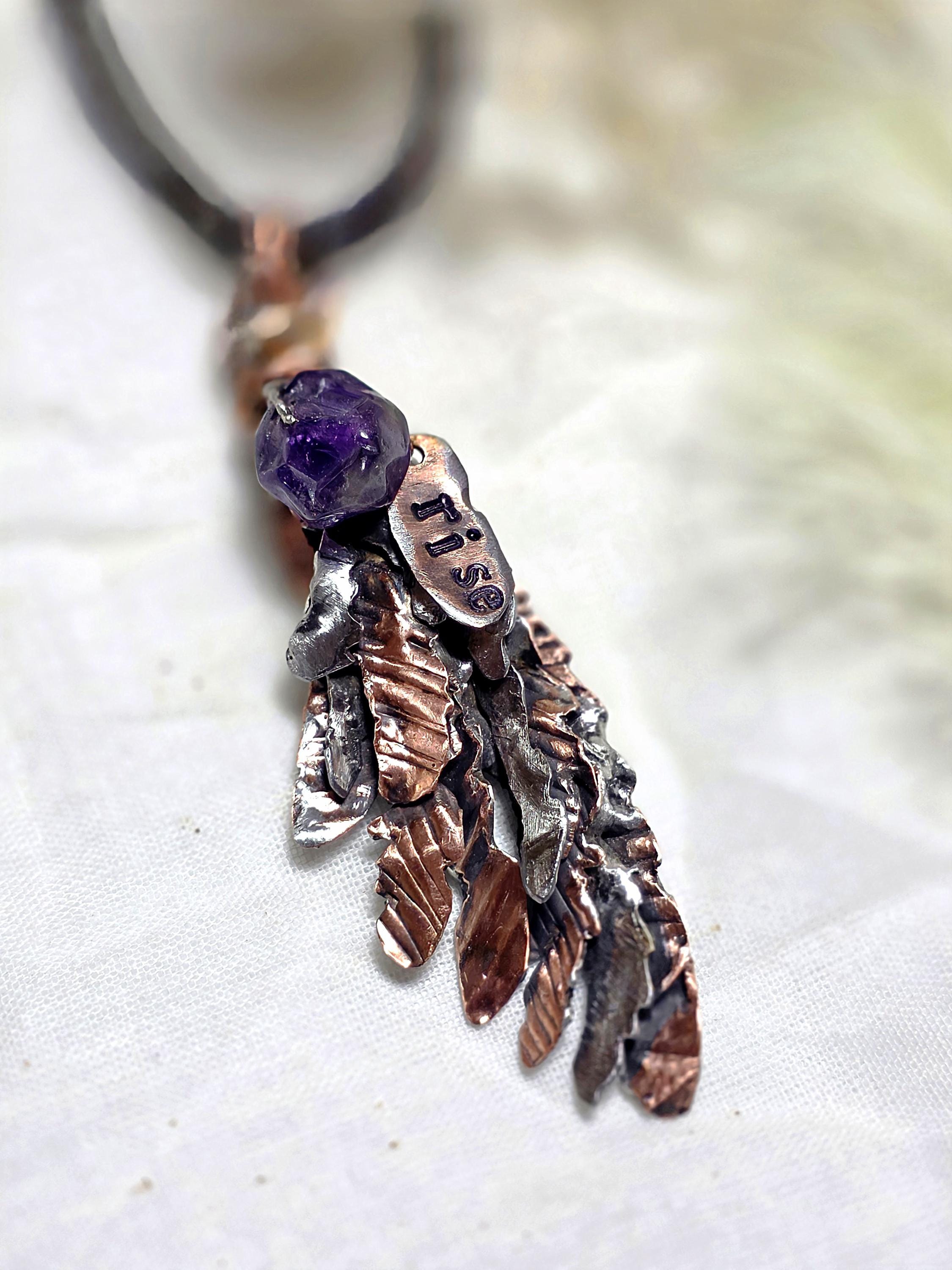 Second Wind Wing Necklace – Hand Forged Copper & Silver Feather Pendant with Amethyst, Rustic Artisan Jewelry, Resurgent Collection