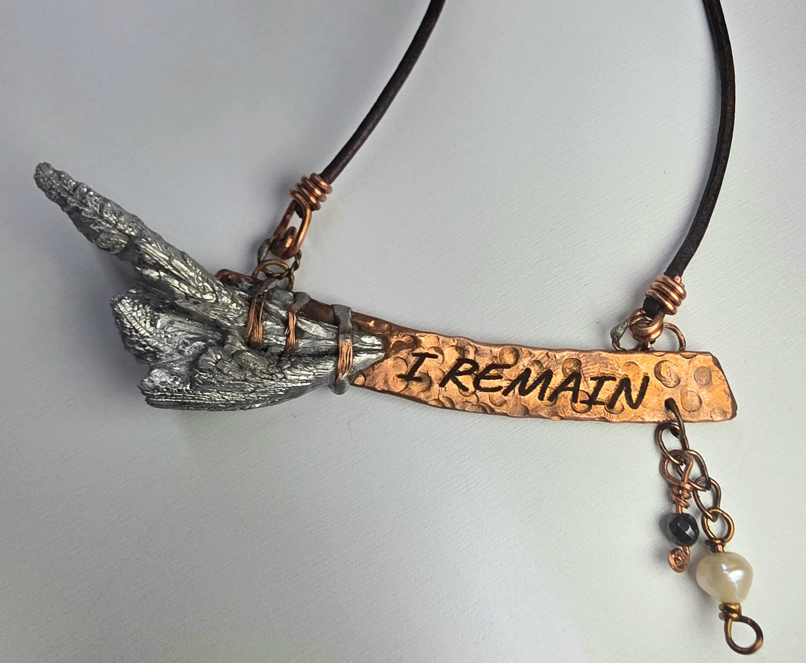 RESURGENT – We Knew Hell But Chose Not to Stay, “I Remain” Copper Bar Necklace, Pearl & Hematite Dangle Pendant, Handmade Rustic Survivor.
