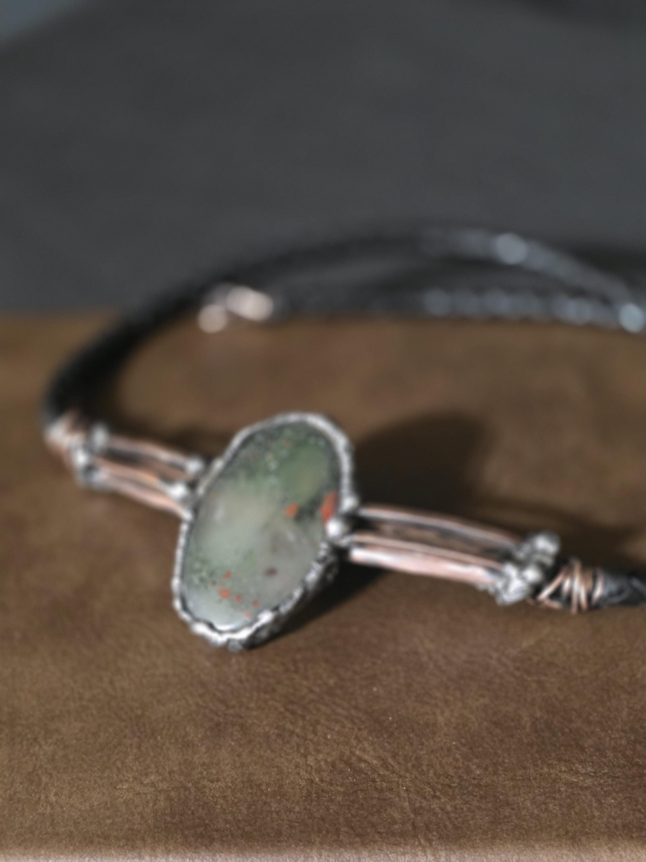 RESURGENT “Life Line” Necklace – Leather & Brass Bolo Style Pendant with Shield Stone Setting, Handcrafted Survivor Jewelry, Rustic Strength