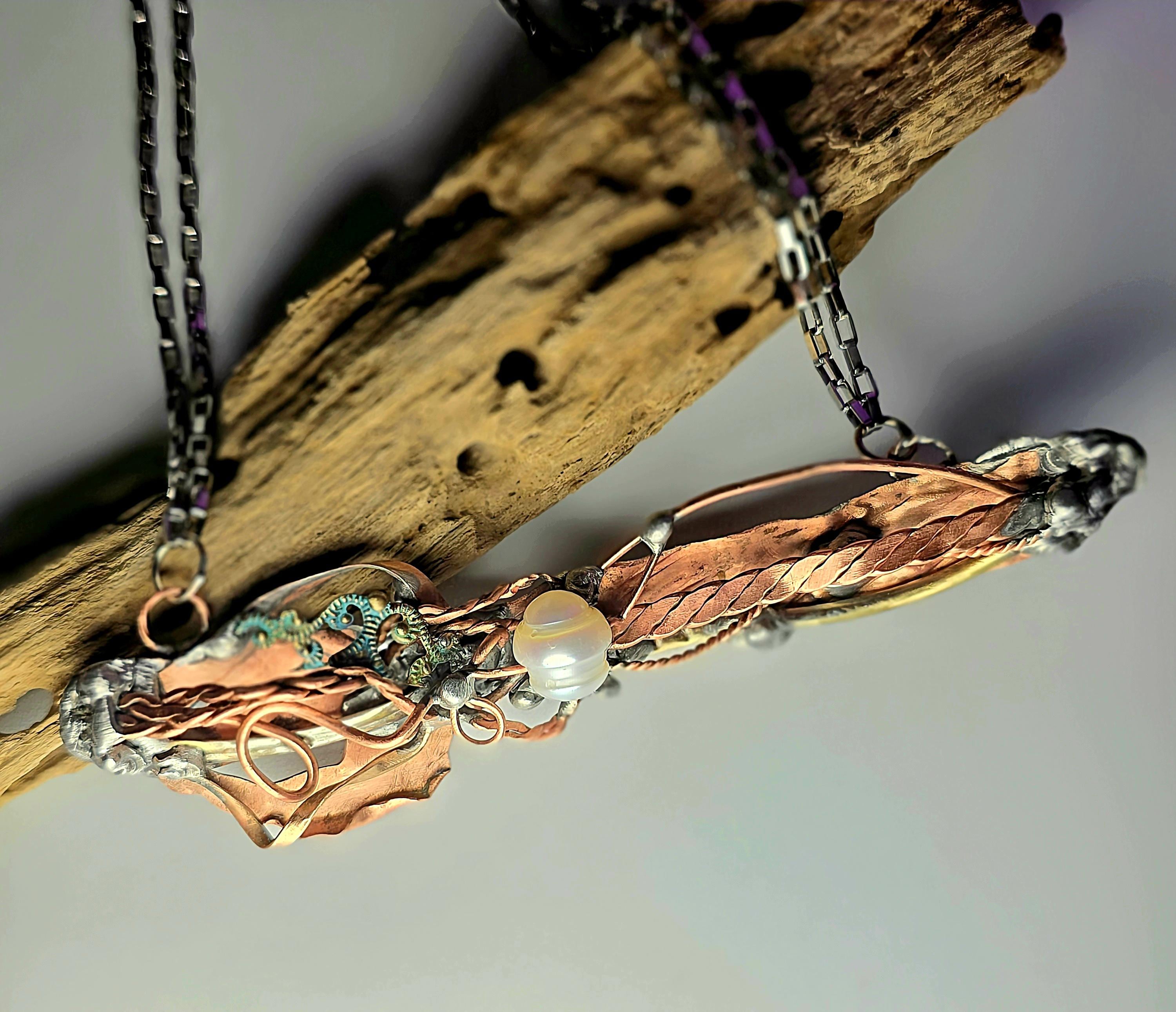 Statement Necklace, Handmade Mixed Metal Necklace, Copper Silver Artisan Jewelry, Pearl Necklace, RESURGENT Tides of Change Necklace