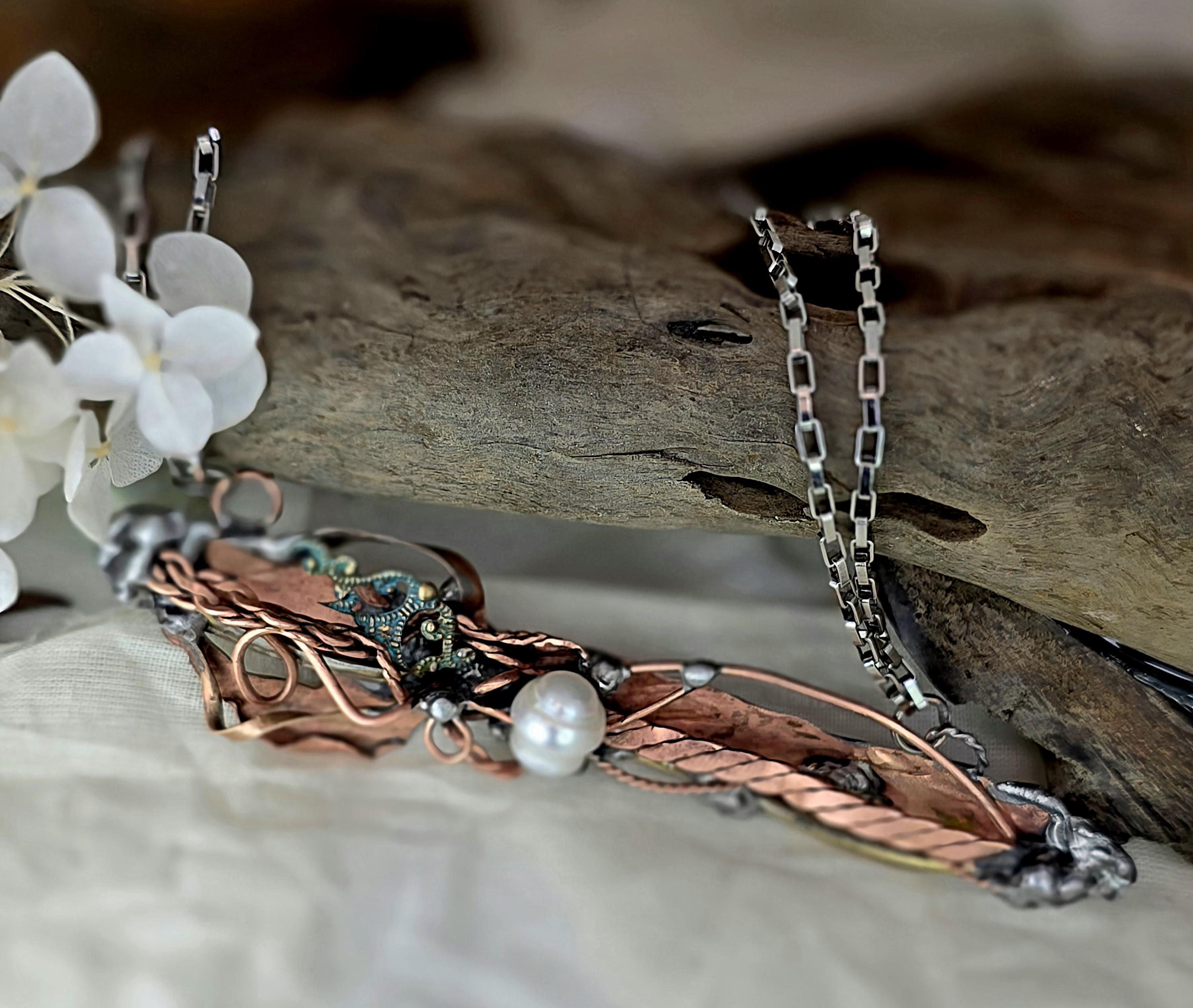 Statement Necklace, Handmade Mixed Metal Necklace, Copper Silver Artisan Jewelry, Pearl Necklace, RESURGENT Tides of Change Necklace