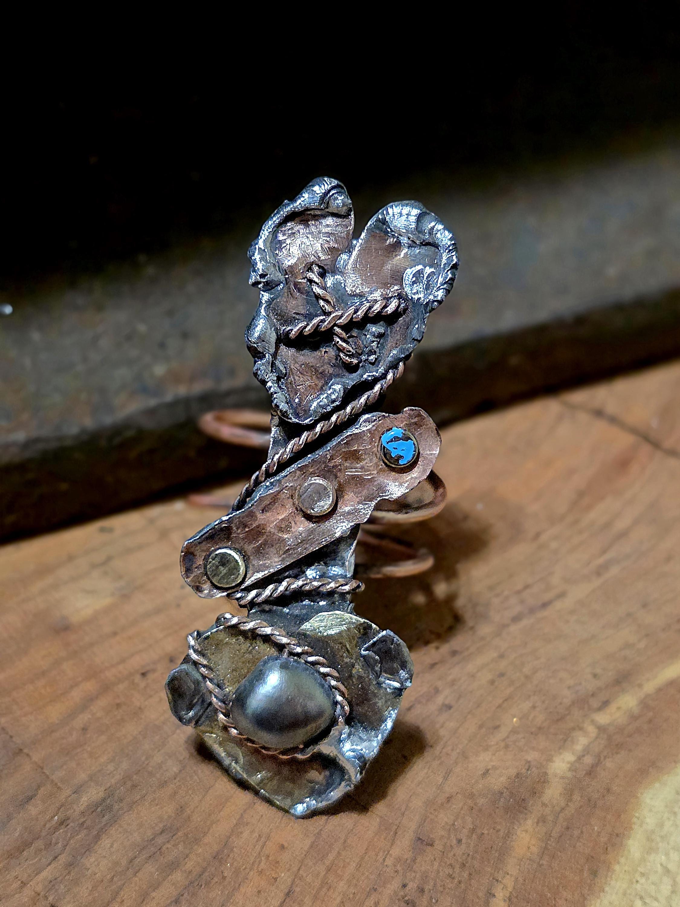 RESURGENT Statement Ring, Held Together Mixed Metal Copper Silver Heart Ring, Black Pearl Artisan Armor Ring