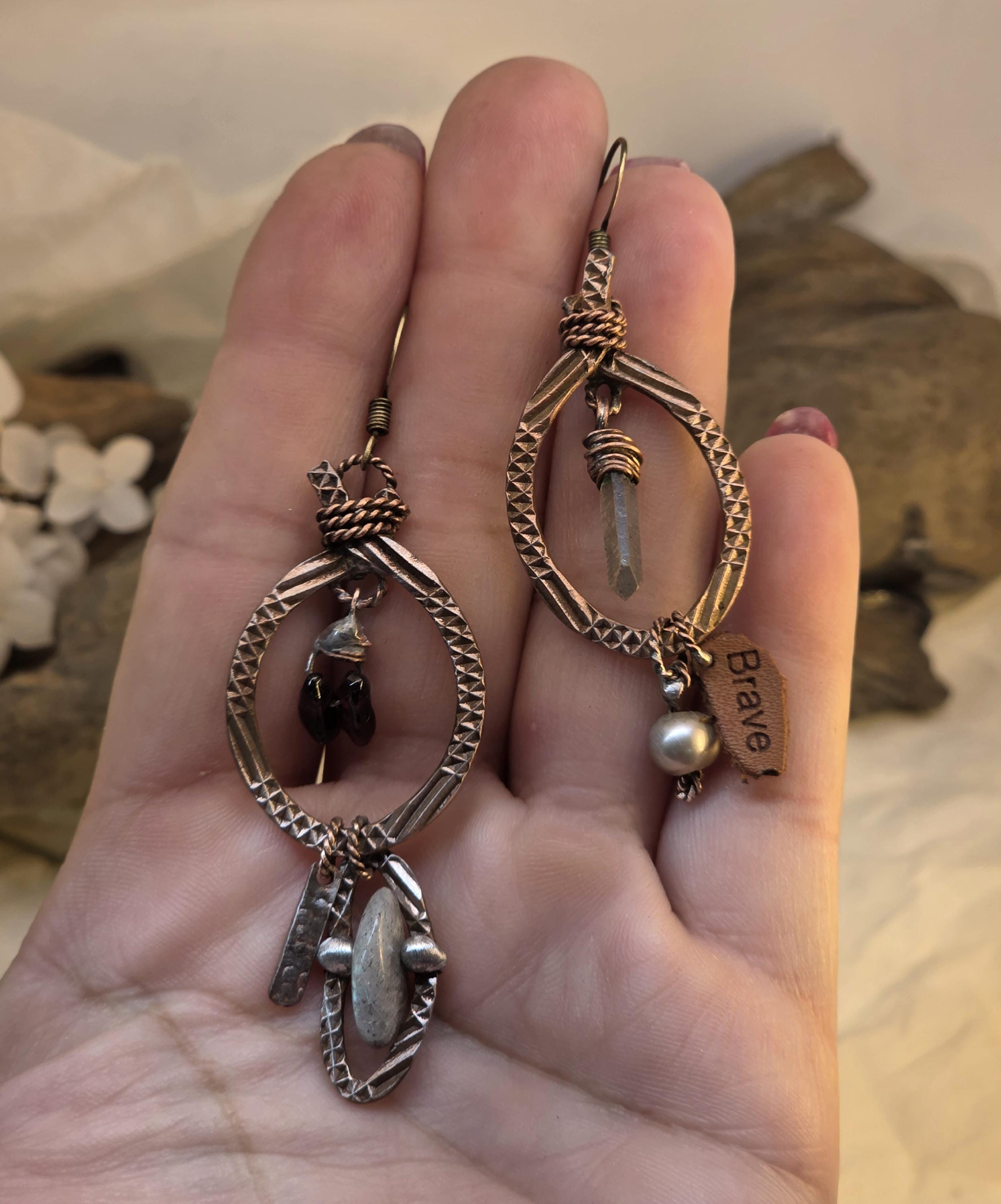 RESURGENT Brave Anyway Earrings, Mixed Metal Copper Hoop Earrings, Crystal Pearl Asymmetrical Artisan Earrings