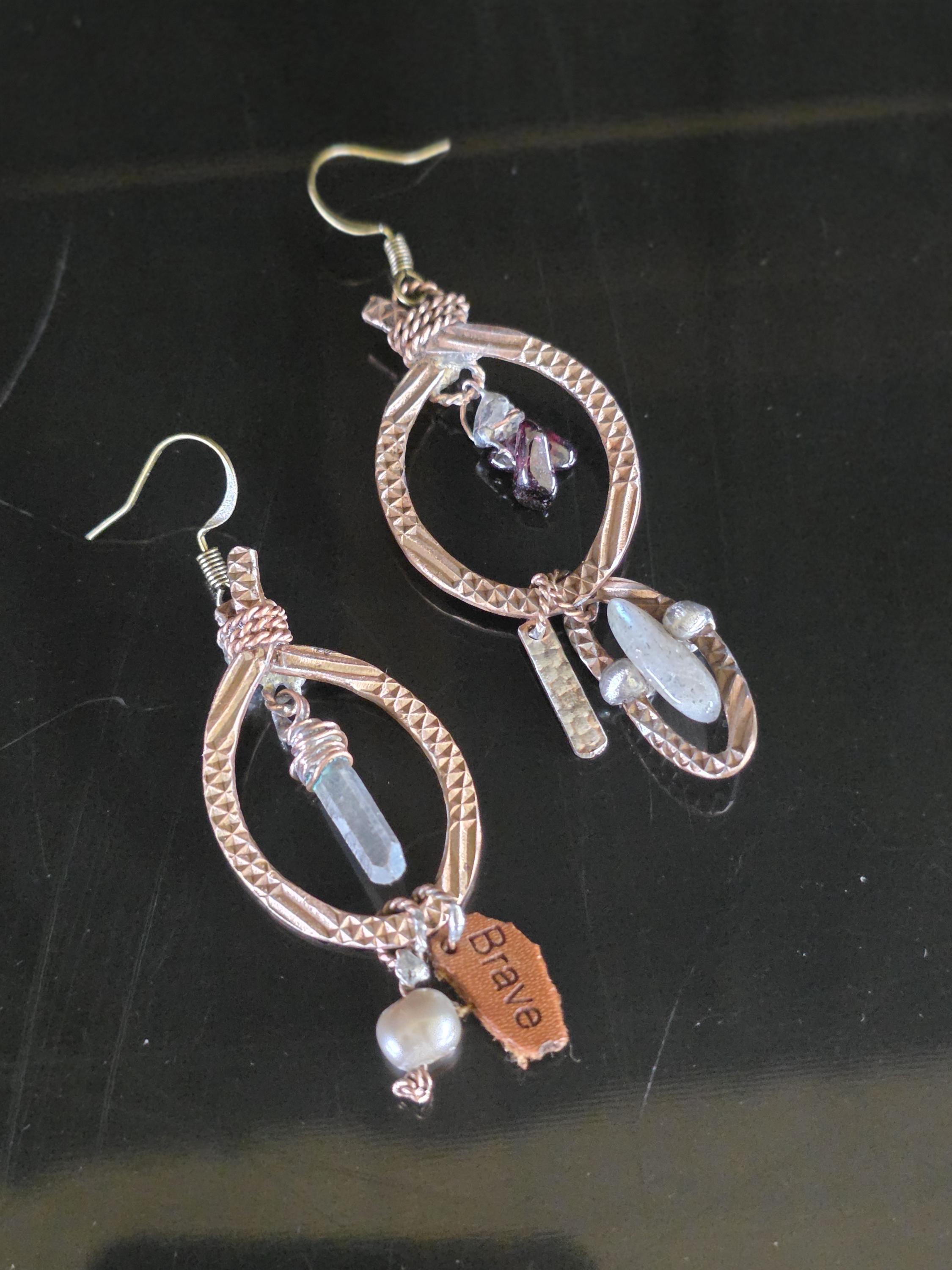 RESURGENT Brave Anyway Earrings, Mixed Metal Copper Hoop Earrings, Crystal Pearl Asymmetrical Artisan Earrings