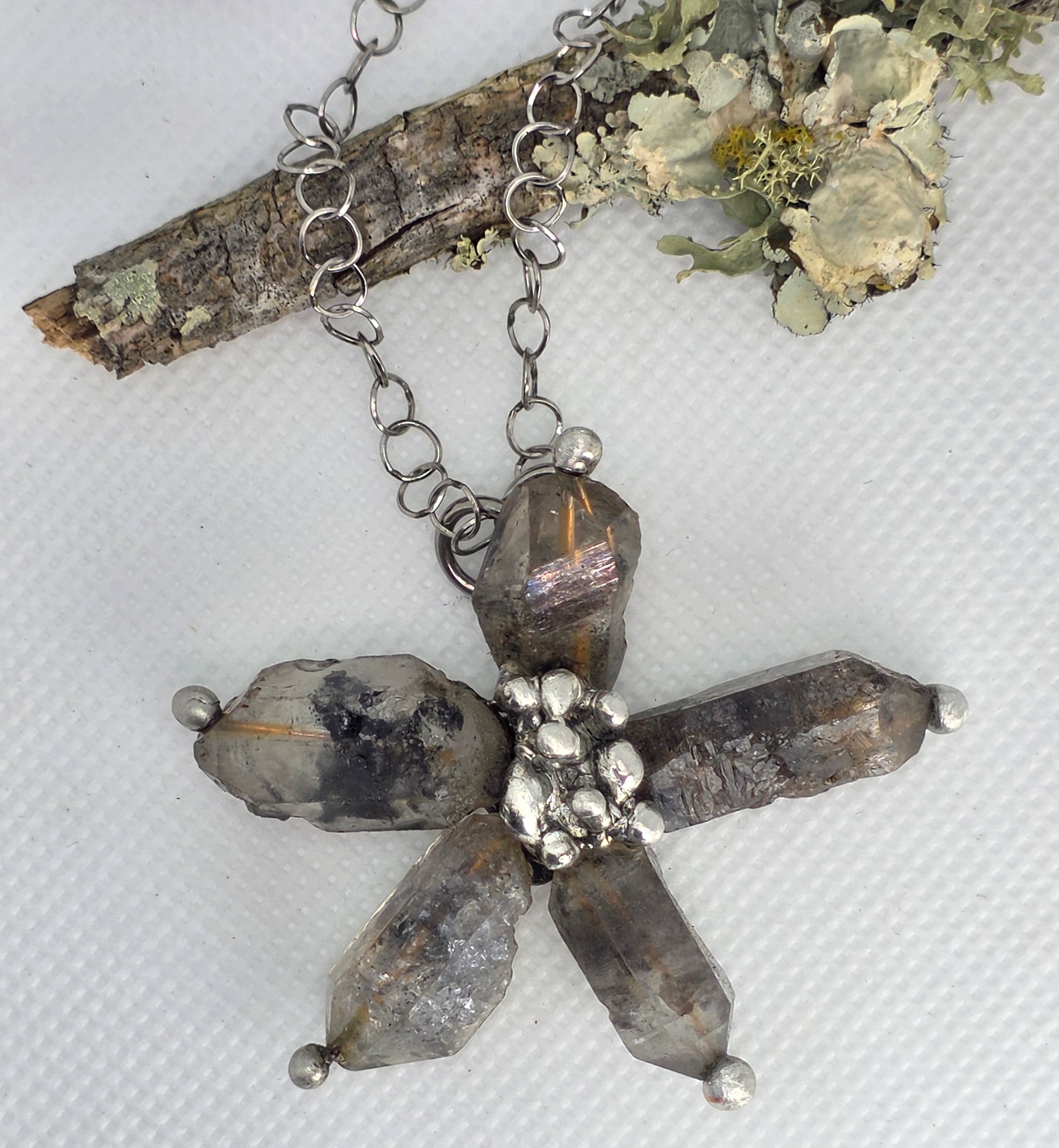 Raw Crystal Star Pendant Necklace – Silver Solder Five-Point Crystal Cluster