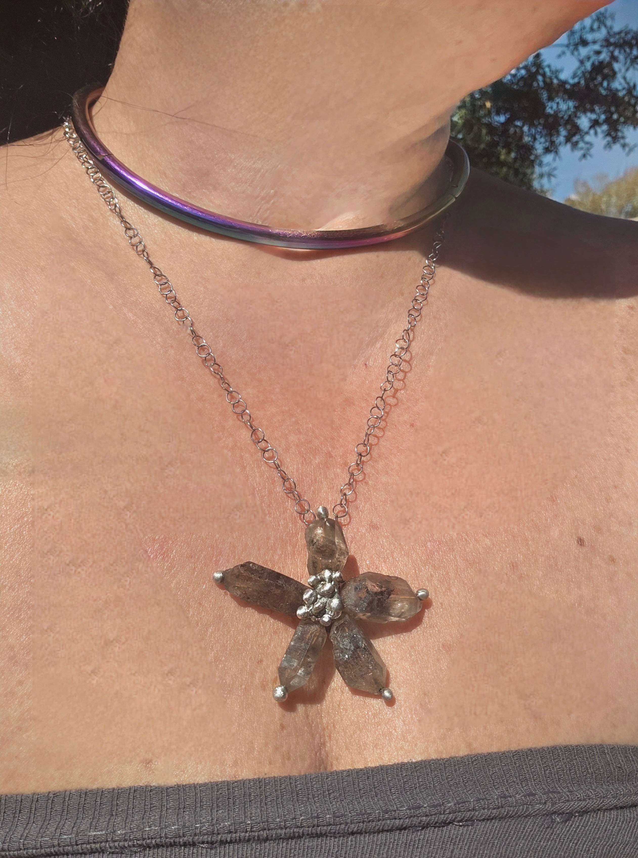 Raw Crystal Star Pendant Necklace – Silver Solder Five-Point Crystal Cluster