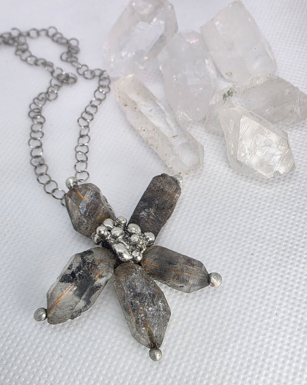 Raw Crystal Star Pendant Necklace – Silver Solder Five-Point Crystal Cluster