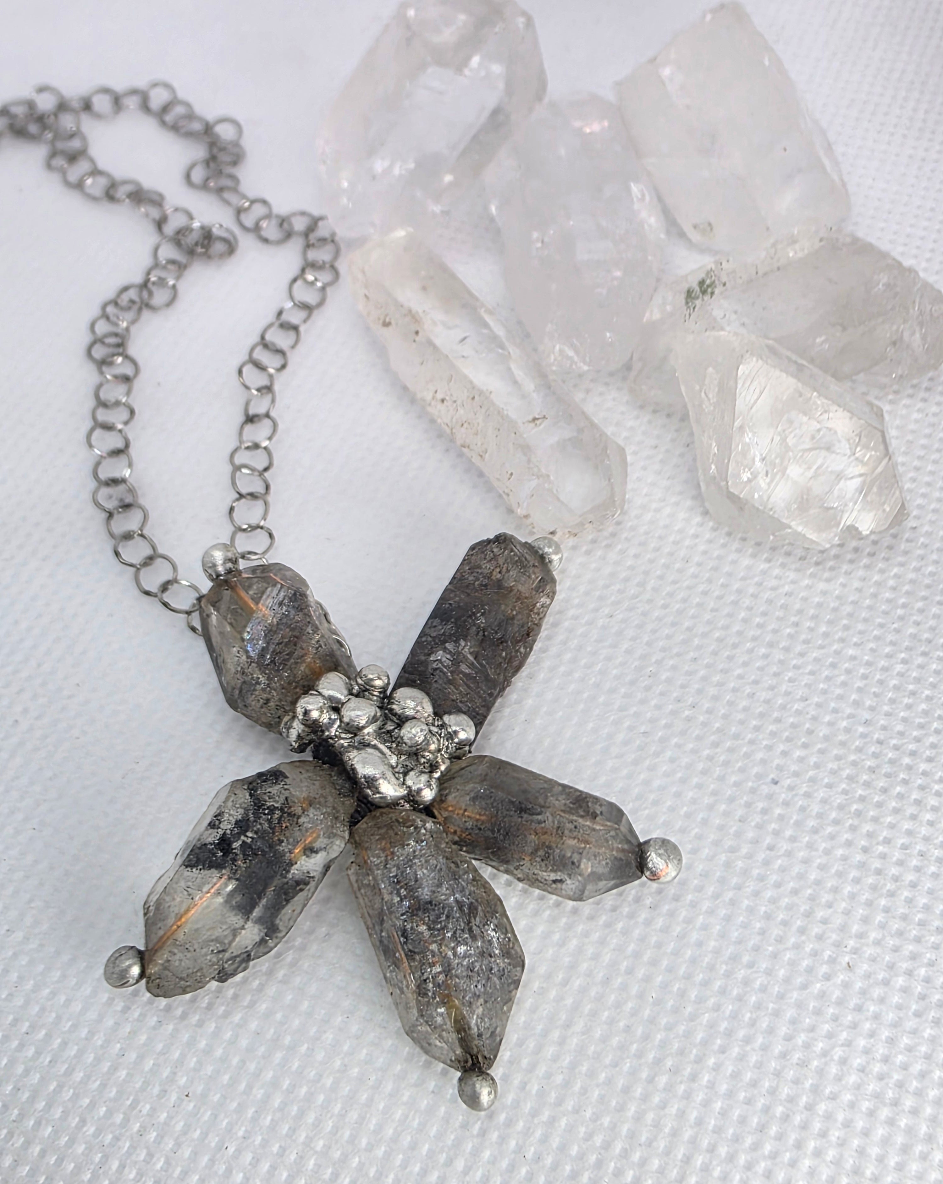 Raw Crystal Star Pendant Necklace – Silver Solder Five-Point Crystal Cluster